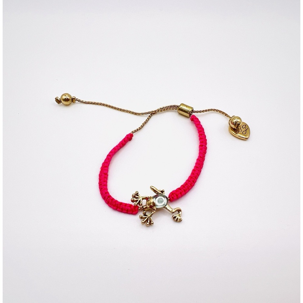 Vintage Betsy Johnson Gold Tone Frog Rhinestone Pink Braided Adjustable Bracelet